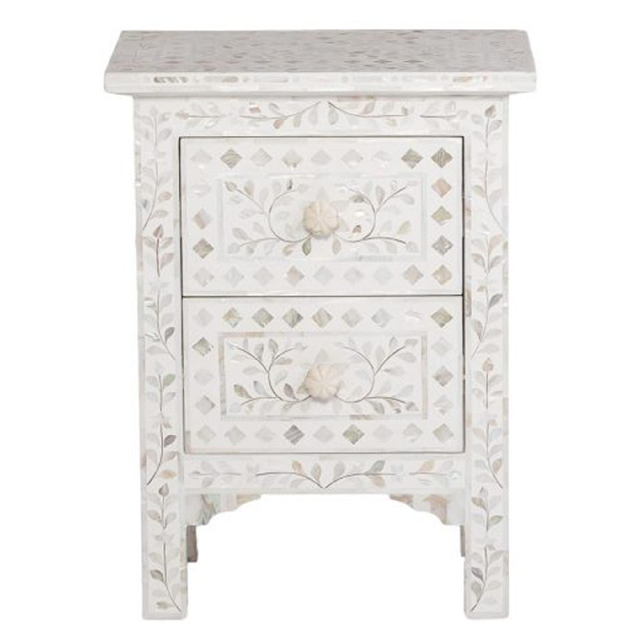 Majestic Inlay 2Dr Bedside Floral MoP - White - Furniture Castle