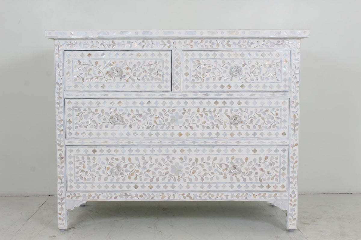 Ellie MoP Floral 4 Drawer Chest - White - Furniture Castle