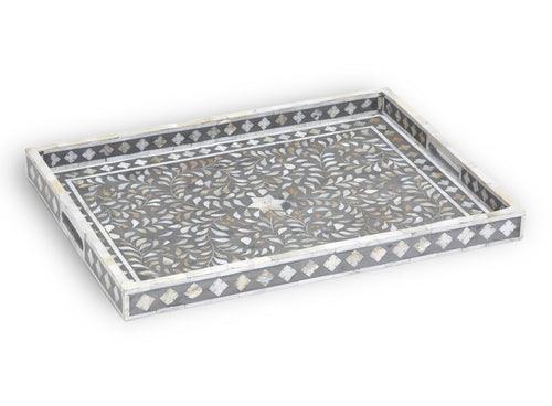 Maverick Inlay Rect Tray Floral MoP - Black, Grey - Furniture Castle