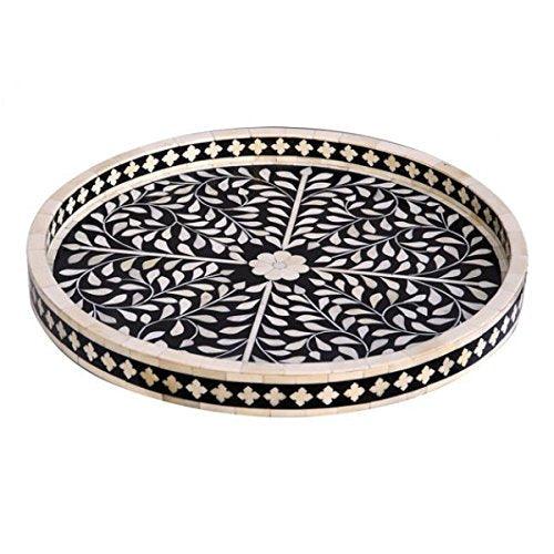 Maverick Inlay Round Tray Floral - Black - Furniture Castle