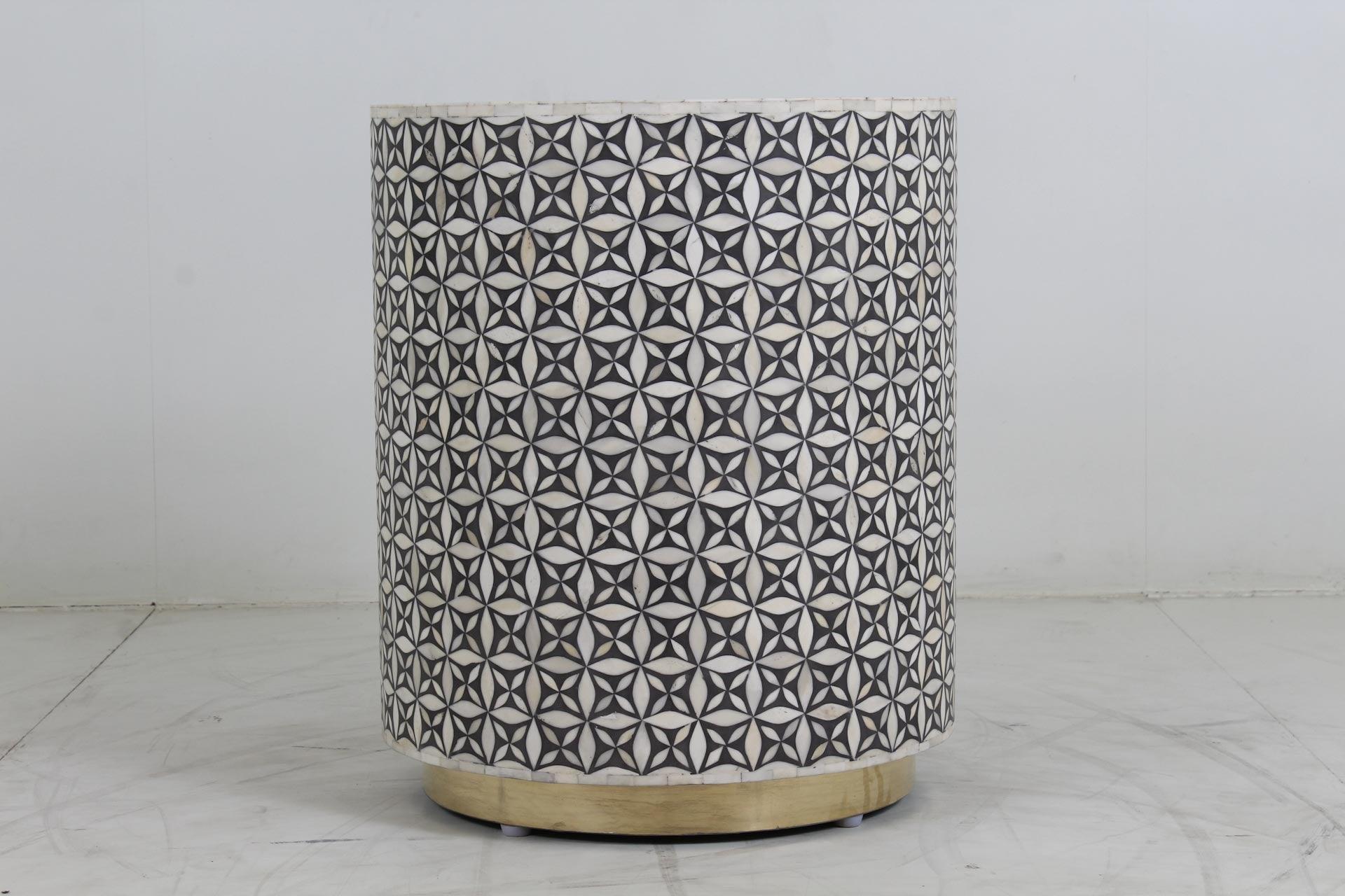 Rowan Inlay Round Geo Sidetable MoP - Grey - Furniture Castle